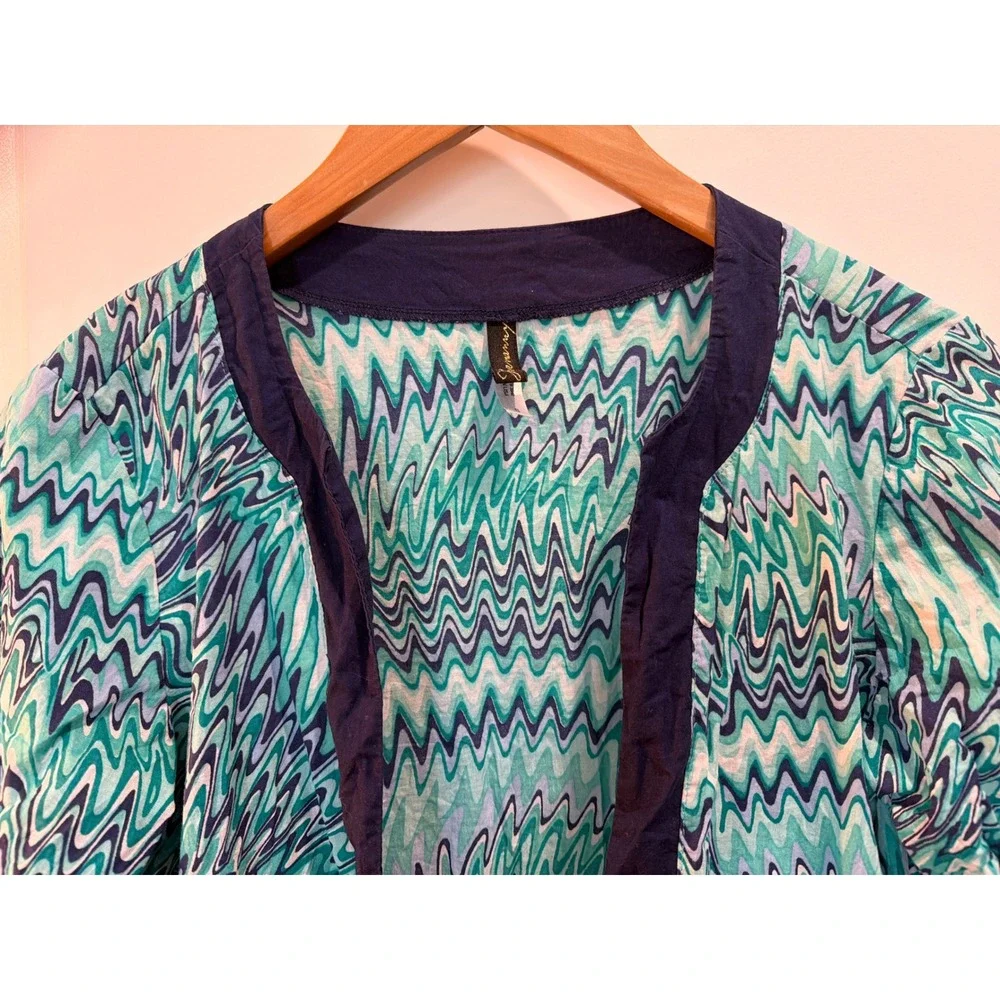Hermanny by Vix Teal Navy Zigzag Cotton Tunic Beach Cover Up Y9K380